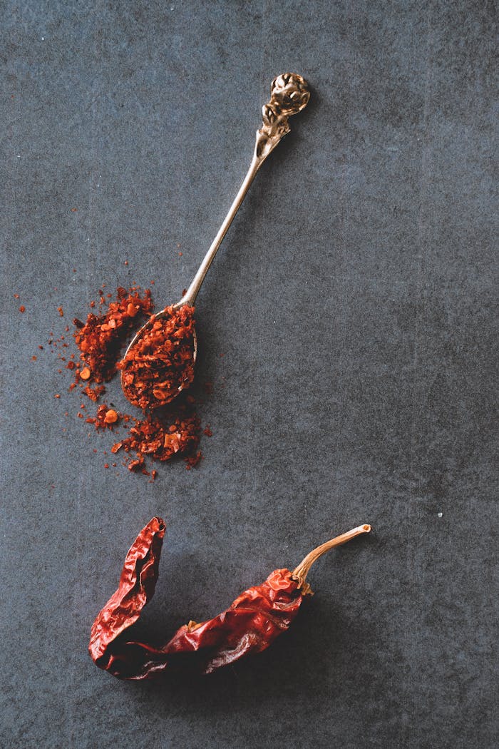 Elegantly arranged dried chilli and spices on a dark background, perfect for culinary themes.